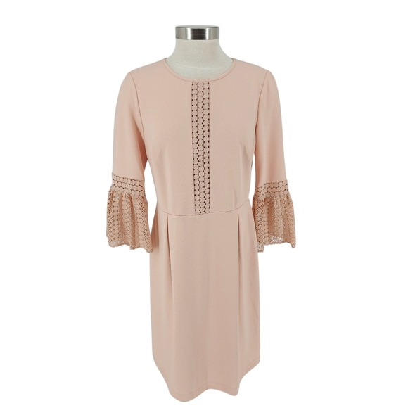 Ivanka Trump Sheath Dress Blush Pink Lace Bell 3/4 Sleeve Pleated Zip Back 10 - Picture 1 of 11